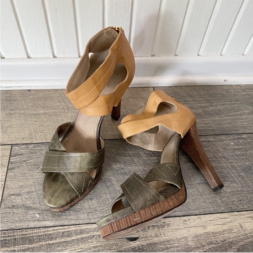 Elizabeth & James Heels Sandals Neutral Leather Tan Brown Olive Green Size 11